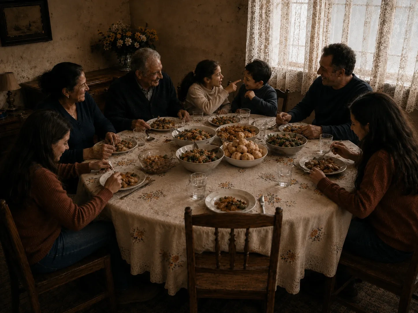 A family sharing a meal with one conspicuously empty place at the table