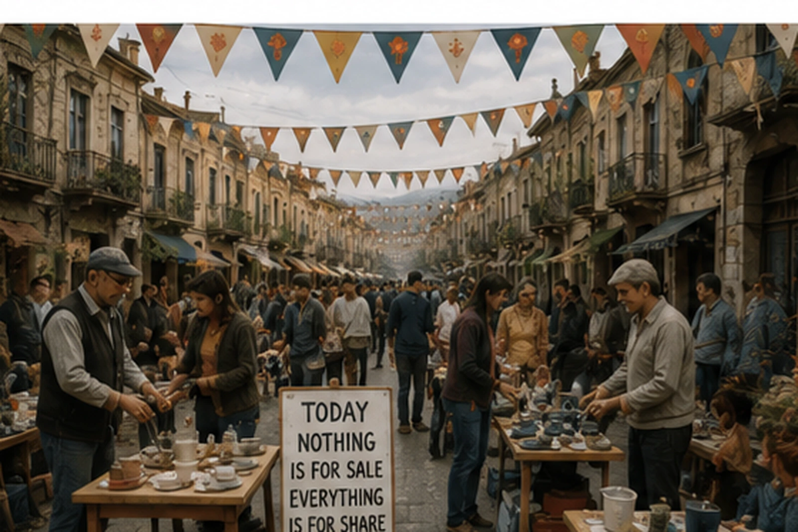 Humanistan residents exchanging and sharing possessions in a town street