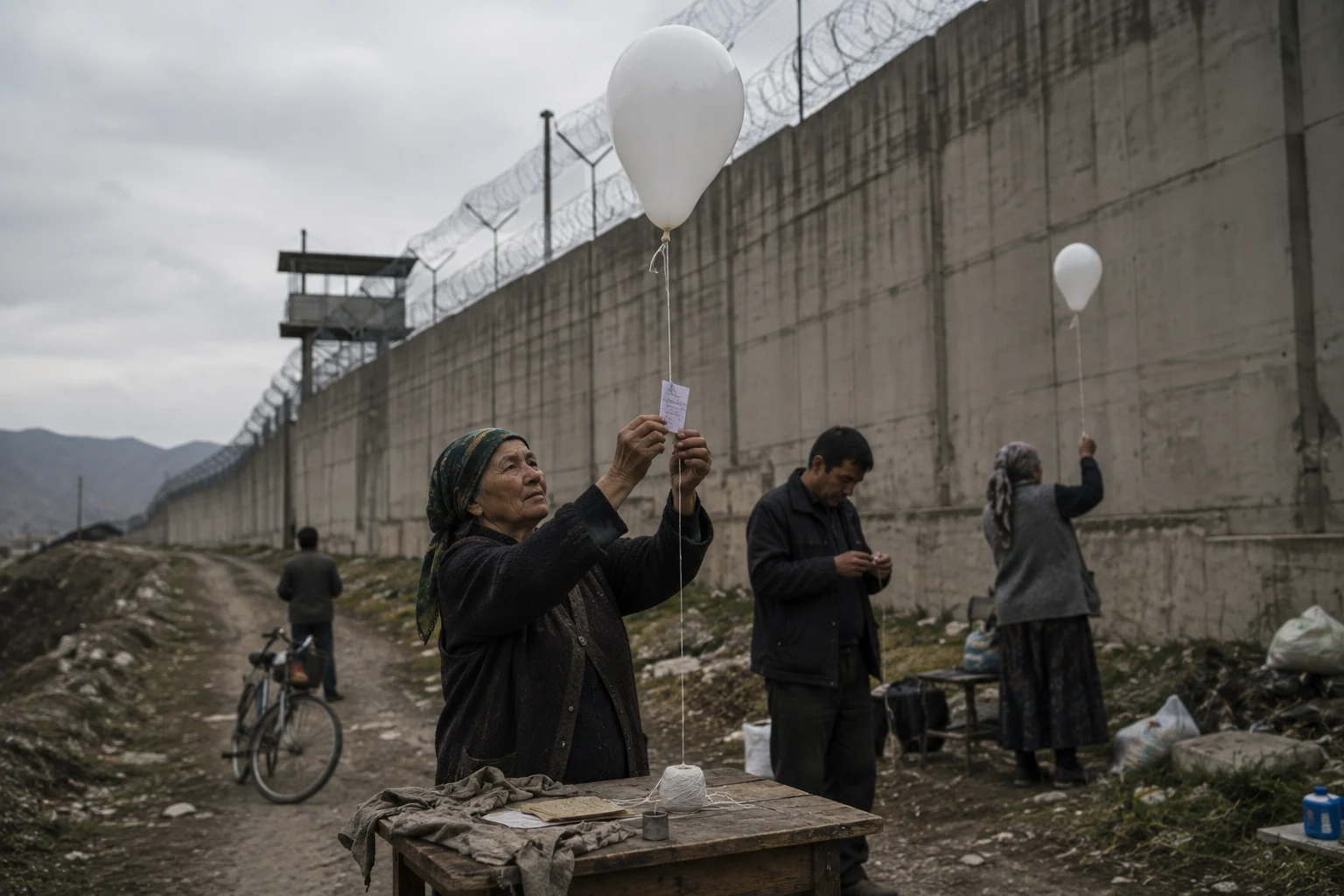 People preparing message balloons beside a fortified wall