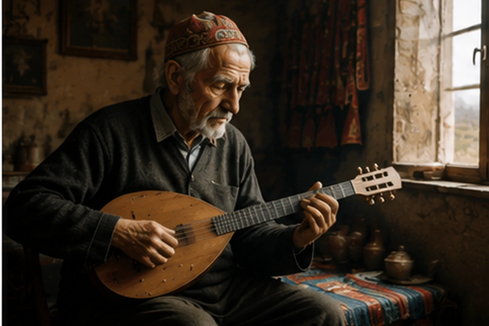 An elderly musician playing one of the songs he has preserved