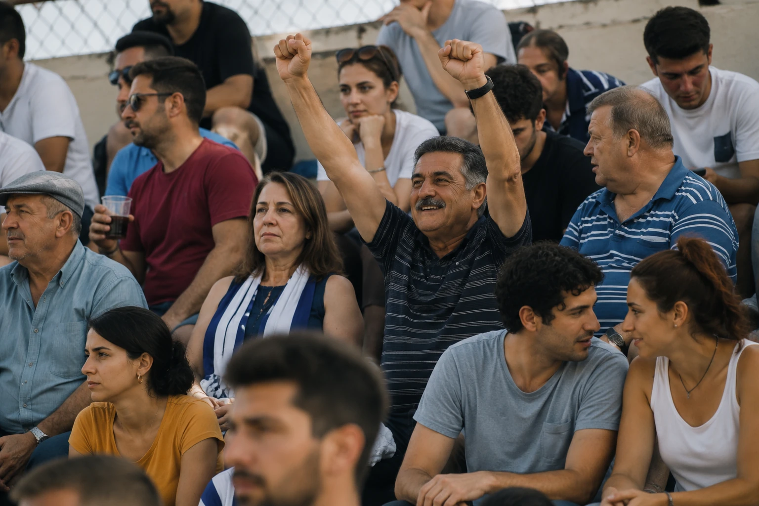 Spectators reacting naturally during a local sporting match in Humanistan