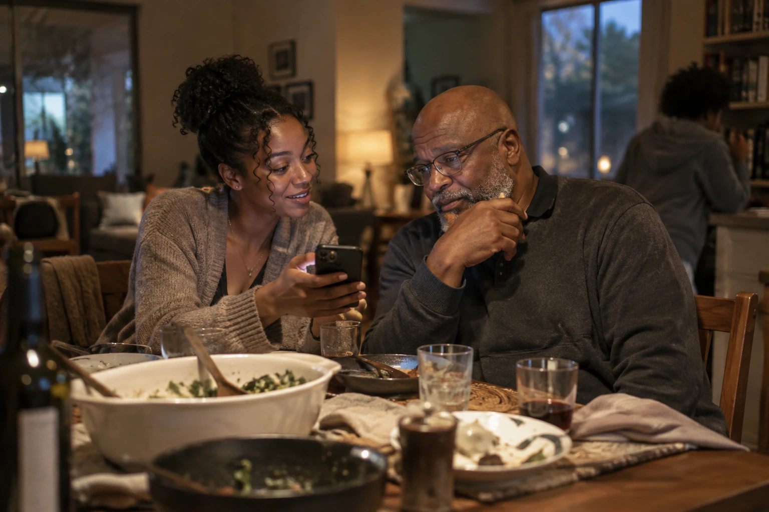 A father and his adult daughter looking at a phone together after dinner
