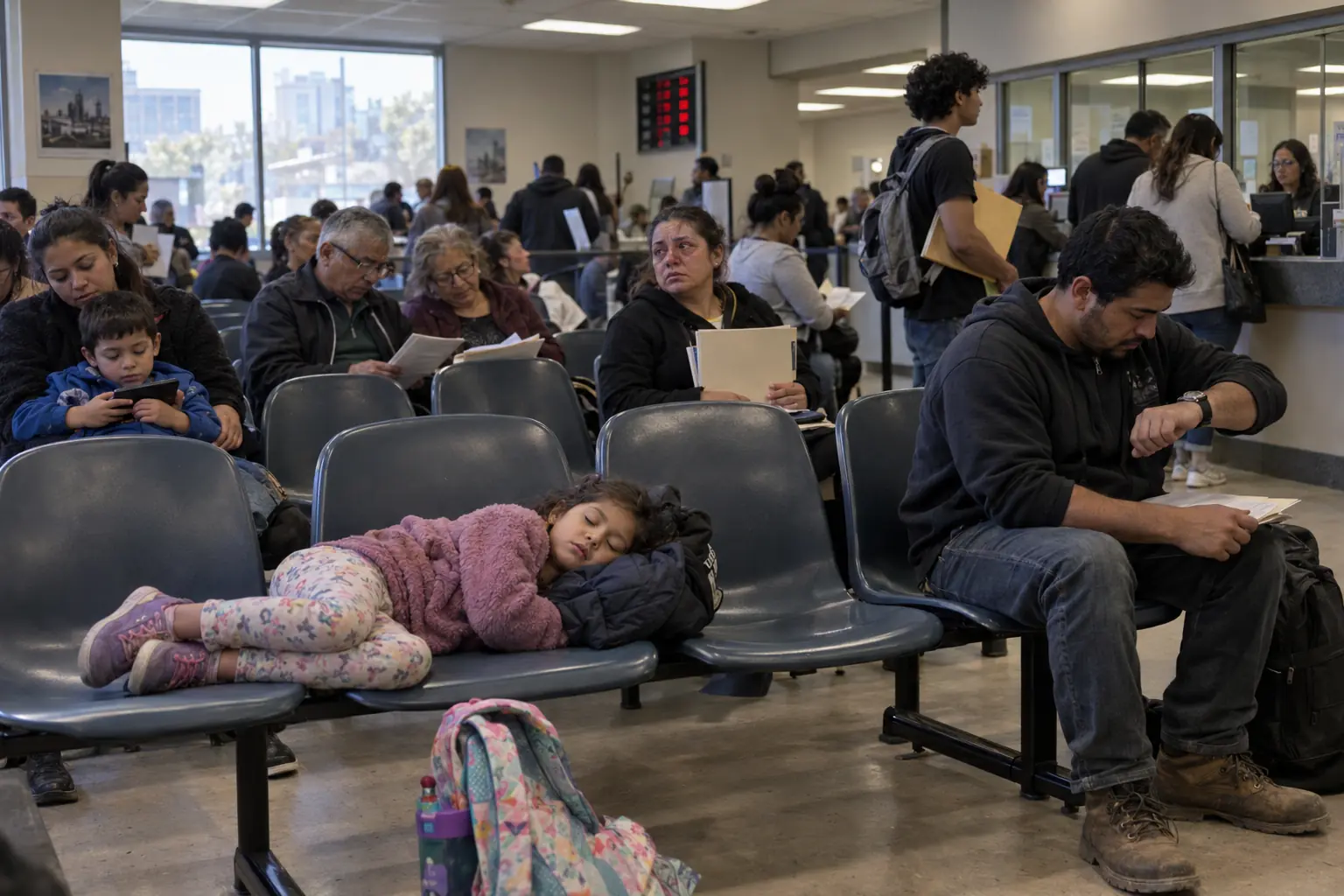 A crowded municipal waiting room in fictional Bellwether, where a child sleeps across plastic chairs while adults wait with document folders