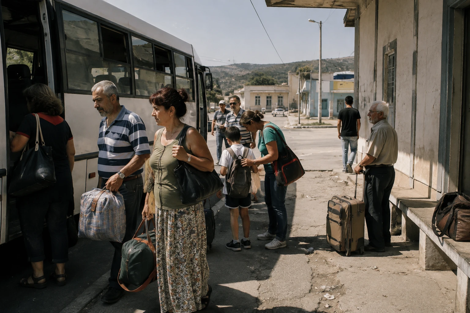 Travelers leaving a Humanistan town from a regional bus station in August
